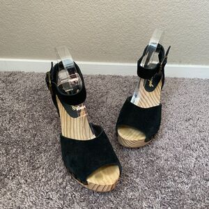 FREE PEOPLE Pasadena Vintage Black Suede Real Wood Studded Clog Sandals Size 7